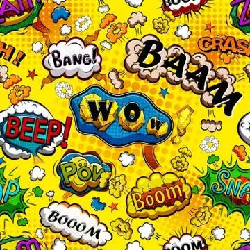 Comic speech bubbles seamless pattern with yellow background Stock Illustration