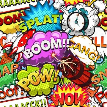 Comic speech bubbles seamless pattern. Rocket. Alarm clock. Vector illustration 스톡 일러스트