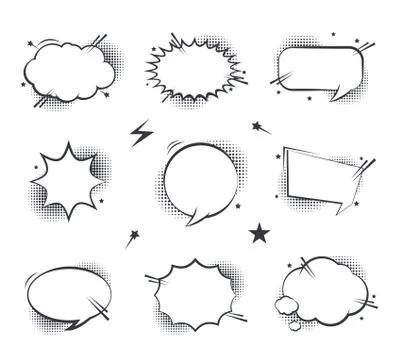 Comic speech bubbles set with different emotions or set of comic text, pop ar Illustrazione stock