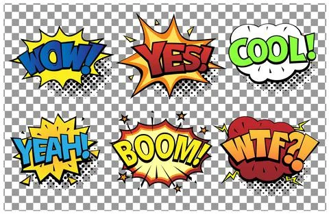 Comic speech bubbles set with different emotions and text Wow, Yes, Cool, Yeah Illustrazione stock