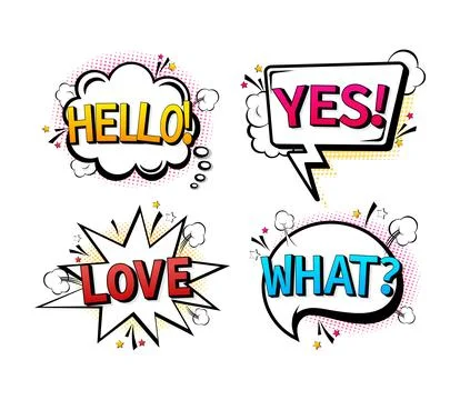 Comic speech bubbles set with different emotions and text Hello, Love, What, Yes 库存插图