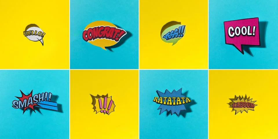 Comic speech bubbles set with different emotions text yellow blue background Stock Photos