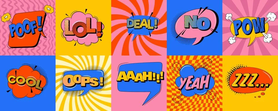 Comic speech bubbles set in trendy pop art style. Stock Illustration