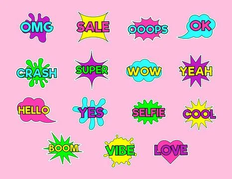 Comic speech bubbles sticker bundle. Cute comic words in boom speech bubble.. Stock Illustration