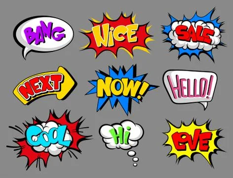 Comic speech bubbles with text set, bang, nice, sale, next, now, hello, cool Illustrazione stock