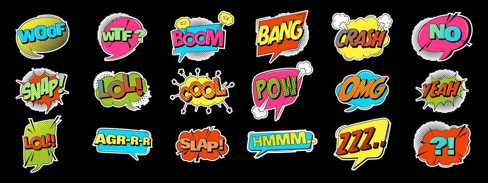 Comic speech bubbles in trendy retro style. Collection of pop art stickers Stock Illustration
