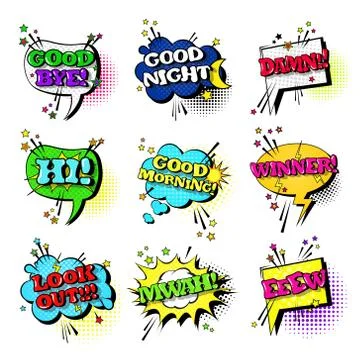 Comic Speech Chat Bubble Set Pop Art Style Sound Expression Text Icons Illustrazione stock