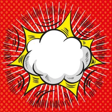 Comic speech cloud with red explosion and rays on halftone background Illustrazione stock