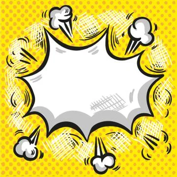 Comic speech cloud with smoke explosion and rays on halftone yellow background Stock Illustration