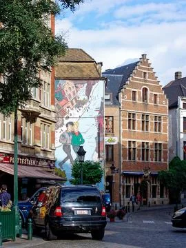 Comic strip mural and historic buildings in Brussels Belgium Stock Photos