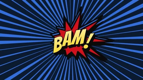 Comic style bam text floating on rotating blue radial background Stock Footage 336731323