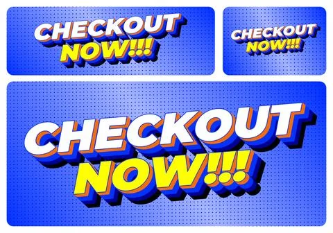 Comic style blue banner set with 3d text checkout now!!! in white and yello.. Stock Illustration