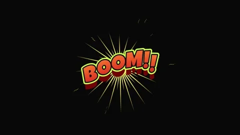 Comic style boom text floating on black background Stock Footage 336693679