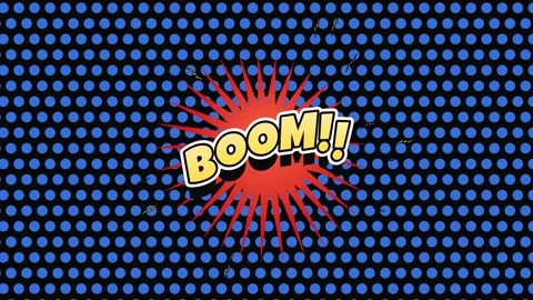Comic style boom text floating on moving blue halftone dots Stock Footage 338190568