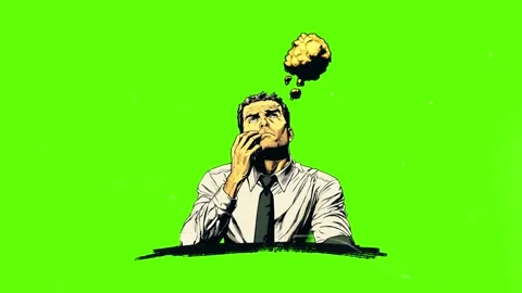 Comic style businessman contemplating with thought clouds against a vibrant Stock Footage 346124477