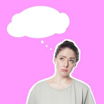 Comic style cut out with worried concerned young woman and thought bubble Stock Photos