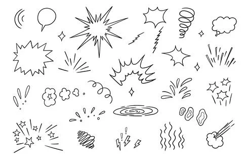 Comic Style Doodle Elements Speech Bubbles, Explosions, and Effects Set Illustrazione stock