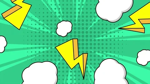 Comic-style with dynamic and explosive details lightning and clouds on green Stock Footage 293263817