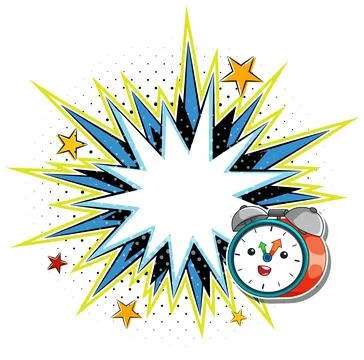 Comic Style Explosion Bubble with Happy Cartoon Alarm Clock Character Illustrazione stock