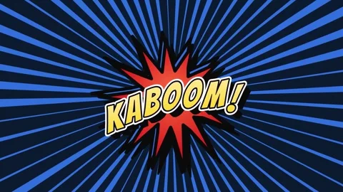 Comic style kaboom text floating on rotating blue radial background Stock Footage 336696212