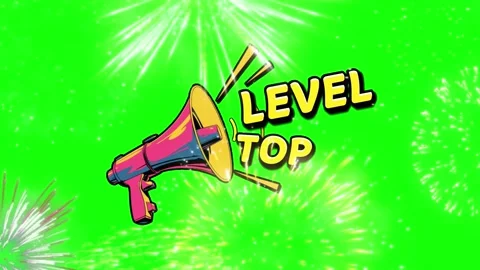 Comic style megaphone animation promoting level top achievement with vibrant Stock Footage 340945129