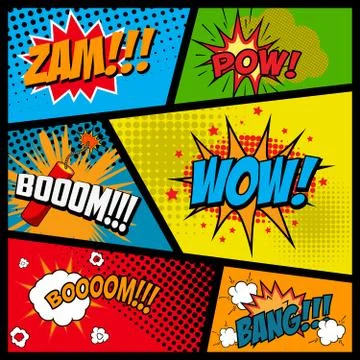 Comic style phrases in frames. Cartoon explosion. Zam. Pow. Bang Stock Illustration