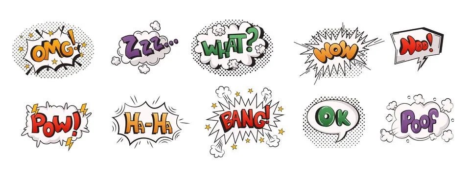 Comic Style Pop Art Speech Bubbles With Expressions 스톡 일러스트