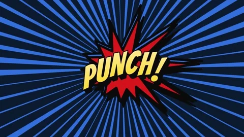 Comic style punch text floating on rotating blue radial background Stock Footage 336693681