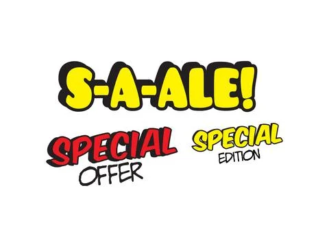 Comic style sales and discount label with colorful text in bold design for pr Stock Illustration