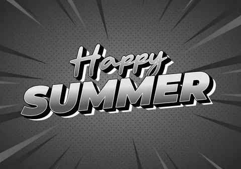 Comic style silver 3d text reading happy summer on a dark dotted burst back.. 库存插图