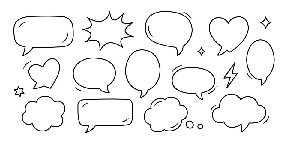 Comic style speech bubbles and thought clouds set. Hand drawn doodle vector talk 스톡 일러스트