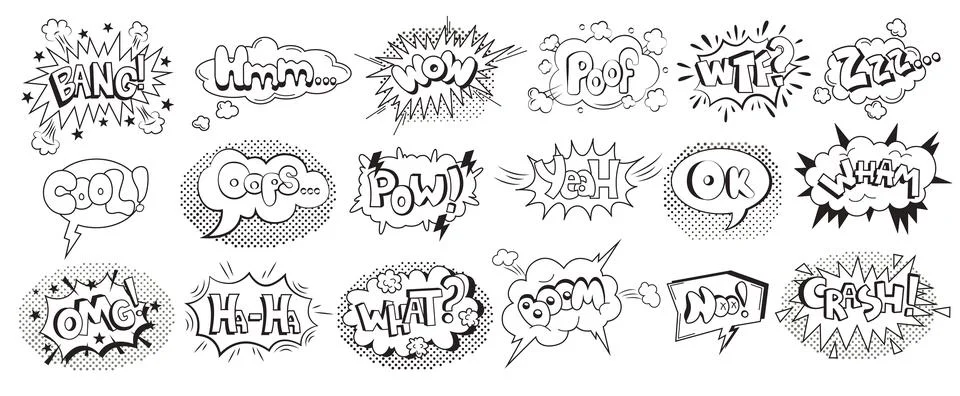 Comic Style Speech Bubbles with Sound Effects Stock Illustration