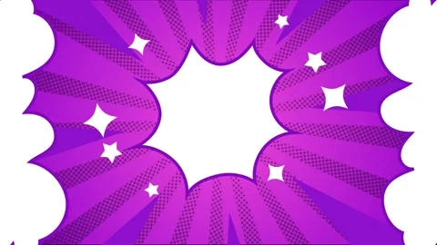 Comic style with speech bubbles in vibrant explosive elements on purple Stock Footage 293047708