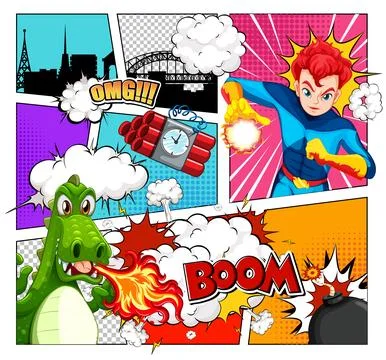 Comic Style Superhero Battles Fire-Breathing Dragon Stock Illustration