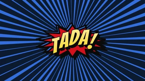 Comic style tada text floating on rotating blue radial background Stock Footage 336731314