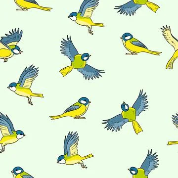 Comic style titmouse spring birds colorful seamless pattern 스톡 일러스트