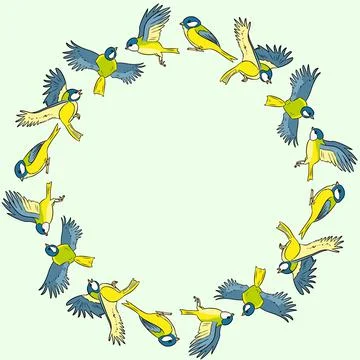 Comic style titmouse spring birds colorful wreath ornament Illustrazione stock