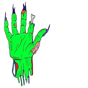 Comic style, torn off, cartoon zombie hand, palm green, with lon Stock Illustration