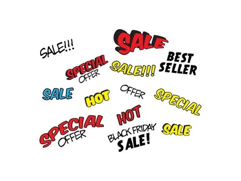 Comic style vector text design featuring best seller, best offer, hot sale, l Stock Illustration