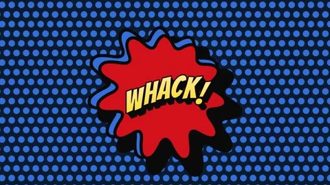 Comic style whack text floating on moving blue halftone dots Stock Footage 337268564