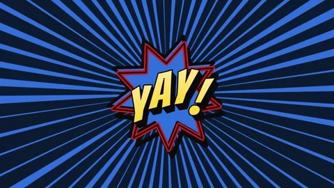 Comic style yay text floating on rotating blue radial background Stock Footage 336809449