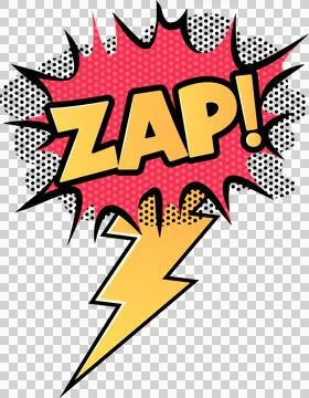 Comic-style ZAP! text is popping in red burst with yellow lightning bolt on Stock Illustration