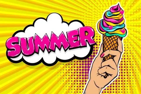 Comic text ice cream break time pop art Stock Illustration