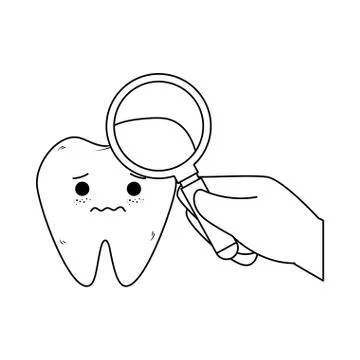 Comic tooth with dentist and magnifying glass Illustrazione stock
