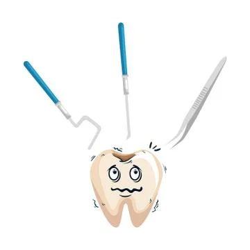 Comic tooth with dentist tools kawaii character Illustrazione stock