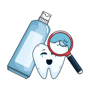 Comic tooth with toothpaste and magnifying glass Illustrazione stock