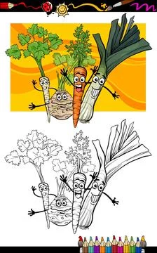 Comic vegetables group for coloring book Coloring Book or Page Cartoon Ill... Stock Photos