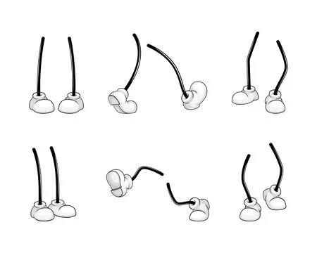 Comic walking stick legs in white sport shoes in various positions set cartoon 스톡 일러스트