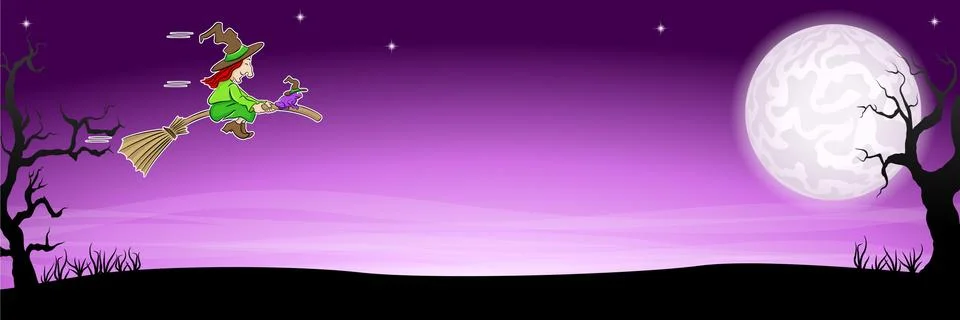 Comic witch flying with her broom in a halloween landscape Stock Illustration