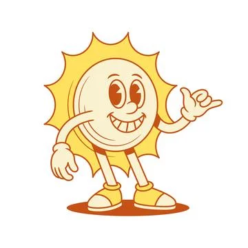 Comic yellow sun cartoon character surf cool gesture contoured vector flat il Stock Illustration